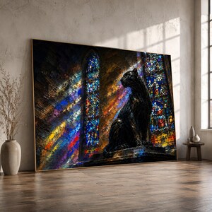 May include: A rectangular wall art print featuring a black panther sitting on a stone pedestal. The background displays tall, arched stained glass windows with vibrant blue, red, and yellow light rays casting colourful patterns across the dark interior.