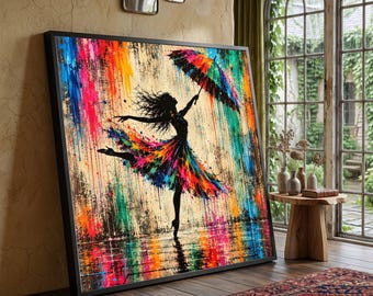 Colorful Silhouette Ballet Dancer Canvas, Rainbow Umbrella Wall Art, Modern Abstract Dance Canvas, Vibrant Splash Home Decor