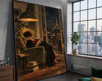 Elegant Woman Reading by Paris Balcony, Nighttime City View Canvas, Cozy Home Interior Art, Eiffel Tower Wall Decor, Relaxing Reading Scene