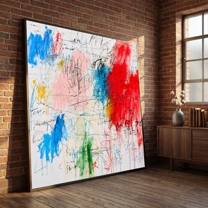 May include: A large rectangular canvas painting featuring abstract expressionist brushstrokes in vibrant red, blue, yellow, and green against a white background, overlaid with intricate, thin black scribbled lines and markings.