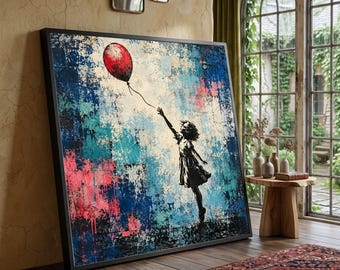 Girl with Red Balloon Canvas Wall Art, Urban Street Art Style, Abstract Colorful Background, Contemporary Home Decoration