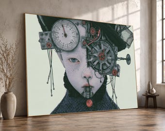 Futuristic Cyborg Portrait Canvas, Steampunk Robot Face Wall Art, Mechanical Sci-Fi Illustration, Unique Home Decor