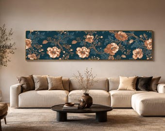 Lienzo elegante con estampado floral en cobre, fondo azul oscuro, arte de pared, diseño botánico vintage, decoración moderna para el hogar, listo para colgar.