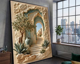 Mediterranean Archway Canvas, Rustic Stone Staircase Wall Art, Olive Tree and Blue Vase, Sunlit Architectural Decoration, Coastal Landscape