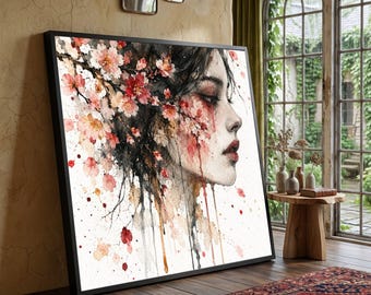 Melancholy Woman Portrait Canvas, Cherry Blossom Wall Art, Feminine Face Profile Canvas, Watercolor Floral Decoration, Modern Home Art Print