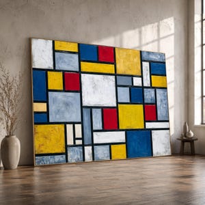 Può includere: Un grande dipinto rettangolare su tela caratterizzato da una griglia di forme geometriche nei colori primari rosso, giallo e blu, intervallate da blocchi bianchi, grigi e neri. La composizione utilizza spesse linee nere di separazione.