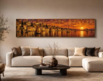 Golden Sunset Harbor Scene Canvas, Nautical Wall Art, Mediterranean Cityscape, Sailboats on Water Canvas, Warm Evening Landscape Decoration