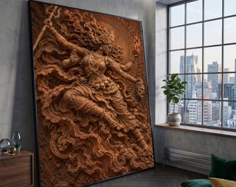 Powerful Goddess Sculpture Canvas, Hindu Mythology Wall Art, Divine Female Warrior Canvas, Spiritual Home Decoration, Sacred Art Print