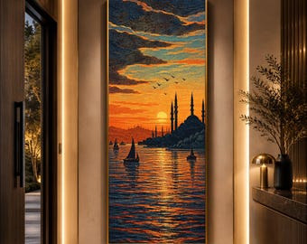 Sunset Over Istanbul Skyline Canvas, Turkish Cityscape Wall Art, Evening Harbor Scene, Sailboats Silhouette Canvas, Vibrant Home Decor