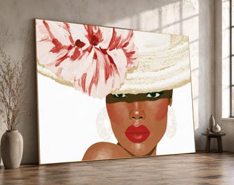 Elegant Woman Wide Brim Hat Canvas, Fashion Portrait Wall Art, Bold Red Lip Makeup Canvas, Chic Home Decoration, Modern Glamour Art Print