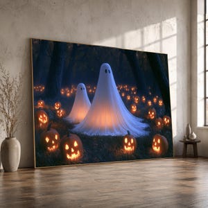 Halloween Ghosts Pumpkin Patch Canvas, Spooky Autumn Forest Scene, Glowing Jack-o'-Lanterns Wall Art, Festive Halloween Decoration