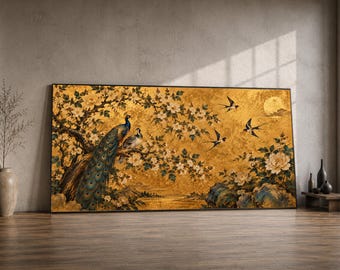 Elegant Peacock Pair with Blossoming Tree Canvas, Golden Floral Wall Art, Swallow Birds Flight, Nature Landscape Canvas, Home Decoration
