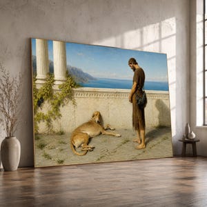 Puede incluir: Una impresión de arte mural enmarcada que muestra una pintura clásica de una persona con túnica marrón de pie en una terraza de piedra junto a un perro grande de color canela. La escena incluye dos columnas blancas, una balaustrada y el mar.