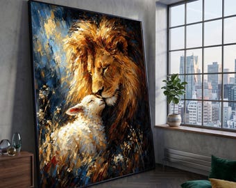 Majestic Lion and Lamb Canvas, Animal Bond Wall Art, Wildlife Nature Canvas, Dramatic Home Decor, Ready to Hang