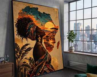 African Heritage Portrait Canvas, Sunset Safari Landscape, Woman Tribal Dress, Ethnic Wall Art, Safari Wildlife Canvas Decor