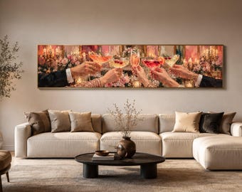 Elegant Celebration Toast Canvas, Cocktail Party Scene, Festive Floral Background, Luxury Home Bar Wall Art, Ready to Hang Canvas