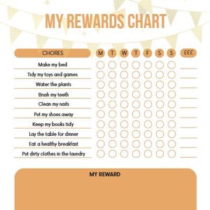Peut inclure: Un tableau de récompenses beige et blanc listant des tâches comme faire son lit, ranger ses jouets et arroser les plantes. Il comprend des colonnes pour les jours de la semaine, une section pour les récompenses, un objectif et un total gagné avec £.