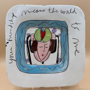 Vintage Sandra Magsamen Original Hand Signed Studio Pottery Plate "Your Friendship Means the World to Me" 1990s Sgraffito Art Plate