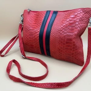 Vintage Italian Leather Snake Embossed Crossbody Bag, Racing Stripe Clutch (Made in Italy)