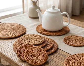 Handwoven Rattan Trivet, Natural Woven Table Mat, Boho Kitchen Decor, Table Protector, Housewarming Gift