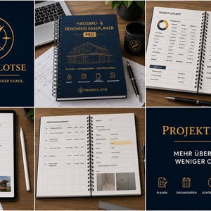 Puede incluir: Un cuaderno de espiral azul oscuro Hausbau- & Renovierungsplaner Pro con texto dorado y una ilustración de una casa. Las páginas interiores contienen tablas de presupuesto, registros de gestión de proyectos y plantillas de diario de obra en alemán.