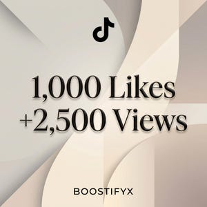 Könnte beinhalten: Eine digitale Grafik mit dem schwarzen TikTok-Logo oben, gefolgt von dem Text 1,000 Likes + 2,500 Views in einer fetten Serifenschrift und dem Wort BOOSTIFYX unten, alles vor einem Hintergrund aus abstrakten beigen und grauen Kurven.