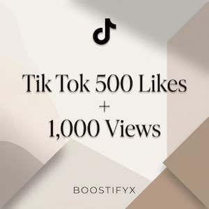 Könnte beinhalten: Eine digitale Grafik mit dem schwarzen TikTok-Logo oben, gefolgt von dem Text Tik Tok 500 Likes + 1,000 Views in einer Serifenschrift. Am unteren Rand des Bildes steht der Markenname BOOSTIFYX in einer klaren, serifenlosen Schriftart.