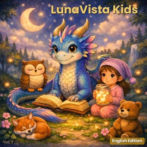 Może przedstawiać: Okładka książki LunaVista Kids Vol. 1 English Edition przedstawiająca niebieskiego smoka czytającego książkę, dziecko w fioletowej czapce trzymające świecący słoik, sowę, śpiącego lisa i pluszowego misia pod półksiężycem w lesie.