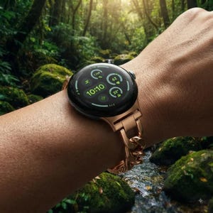 Puede incluir: Un reloj inteligente redondo con pantalla digital negra que muestra la hora 10:10 y varias métricas de salud en verde. El reloj presenta un acabado en oro rosa metálico y una correa de metal a juego con eslabones de cadena.