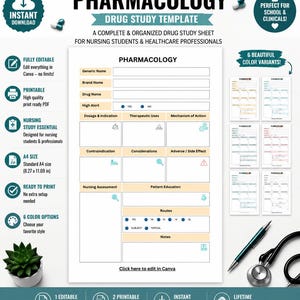 May include: A pharmacology drug study template document featuring sections for generic name, brand name, dosage, therapeutic uses, mechanism of action, contraindications, considerations, side effects, nursing assessment, patient education, and routes.