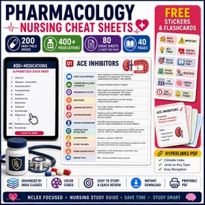 May include: Pharmacology nursing cheat sheets featuring 400+ medications, 80 cheat sheets, and 40 pages. Includes a digital tablet with an alphabetized quick index, a detailed ACE inhibitors chart, flashcards, stickers, and a stethoscope.