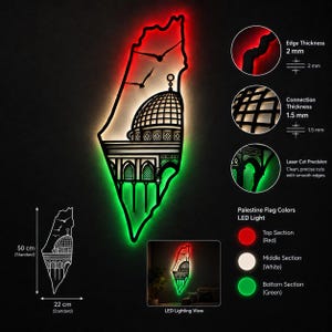 May include: A wall-mounted LED light shaped like the map of Palestine, featuring a black silhouette of the Dome of the Rock and birds. The light displays red, white, and green colors. It measures 50 cm by 22 cm, with 2 mm edge and 1.5 mm connection thickness.