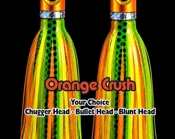 Orange Crush, Fishing Lure, Pelagic Prey Series,  Chugger Head or Bullet Head Offshore Trolling Lure with Ballast Chamber.