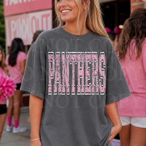 May include: A charcoal gray short-sleeve t-shirt featuring the word PANTHERS printed in a distressed, textured pink font with a white outline. The shirt has a crew neckline and a relaxed, boxy fit, showcasing a vintage-inspired graphic design.