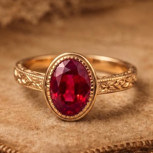 May include: A gold ring featuring a central oval-cut deep red gemstone surrounded by a beaded bezel setting. The band is crafted with intricate engraved leaf-like patterns along the sides, providing a textured finish to the metal surface.