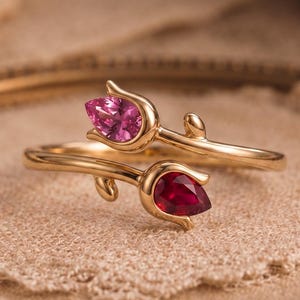 Toi et Moi Tulip Ring Pear Cut Lab Created Ruby Pink Sapphire Bypass Gold Band