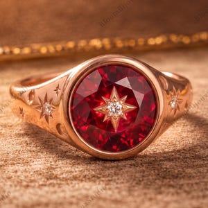 Celestial Lab Created Ruby Ring, Star and Moon Signet Ring, Rose Gold Moissanite Statement Ring, July Birthstone Jewelry Gift for Her
