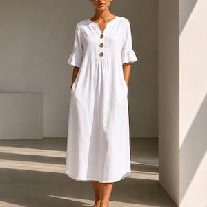 Abito midi da donna in cotone e lino, abito estivo con scollo a V, abbottonatura frontale, abito casual con volant, abito boho per le vacanze.