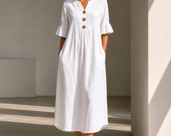 Robe midi en coton et lin pour femme, Robe d'été à col en V, Robe boutonnée sur le devant, Robe décontractée à volants, Robe de vacances bohème