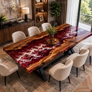 May include: A rectangular dining table featuring a live-edge wood slab with a central river of deep red and white swirling resin. The table is supported by a black metal frame and is surrounded by six upholstered chairs in a light beige fabric.