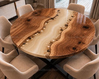 Mesa de comedor redonda de madera con borde natural y resina epoxi – Muebles de río de resina color marfil