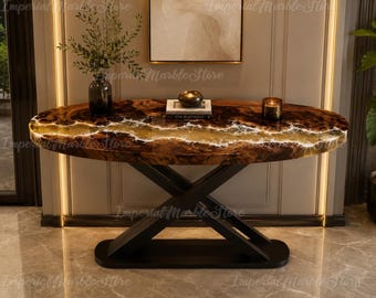 Oval Burl Wood Console Table, Amber Epoxy River, Live Edge, Black X-Base