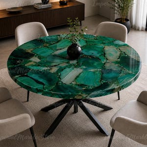 Luxury Round Green Agate Dining Table | Emerald Stone Mosaic Top, Black Metal Base
