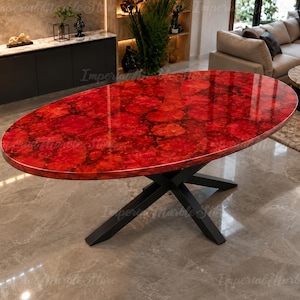 Handmade Red Agate Oval Dining Table | Mosaic Stone Top, Black Metal Base