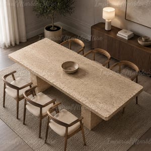 Luxury Travertine Rectangle Dining Table | Handmade Modern Natural Stone Pedestal Base