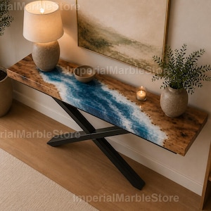 Consolle con fiume in resina epossidica blu, consolle artigianale in radica di legno e resina blu oceano, consolle personalizzata con fiume in resina, lussuoso tavolo con fiume in resina epossidica