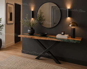 Luxury Emerald River Wood Console Table, Handcrafted Natural Wood, Modern X-Base Furniture