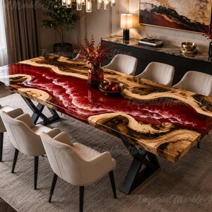 May include: A rectangular dining table featuring a live edge wood slab with a central deep red resin river inlay with white swirling details. The table is supported by a black metal X-shaped base and is surrounded by six light beige upholstered chairs.