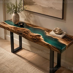 Live Edge Walnut Epoxy River Console Table, Teal Resin, Black Metal Base