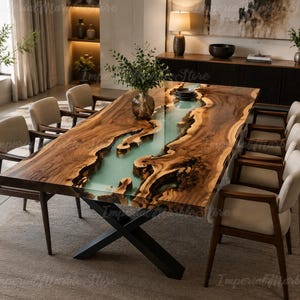 Luxury Olive Wood Epoxy River Dining Table | Live Edge Rectangle Resin Dining Table Emerald Green River  Live Edge Olive Wood Dining Table